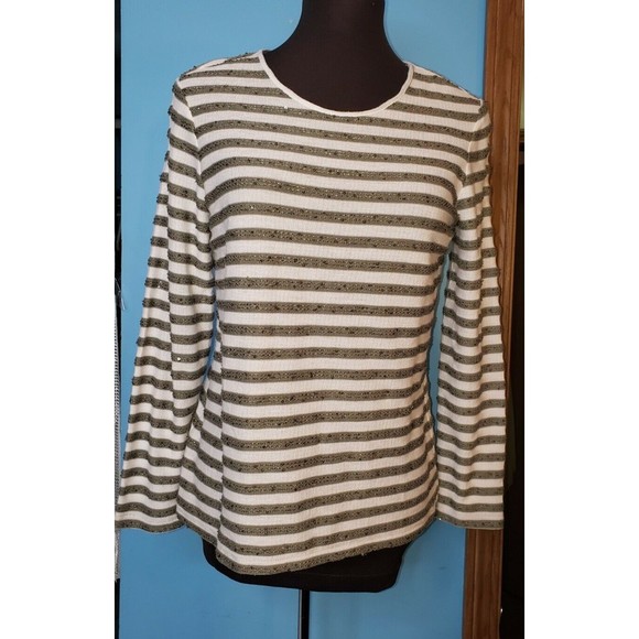 Chicos Ivory Army Green Striped Sequin Knit Top Tunic Stretch Shirt Size 1 Small - Picture 1 of 10